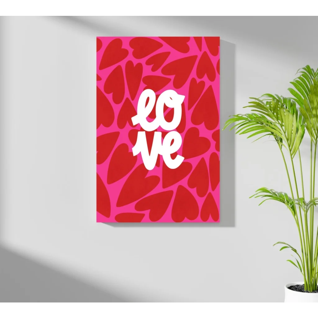 Vibrant pink insigne aluminum print of love in white with red hearts
