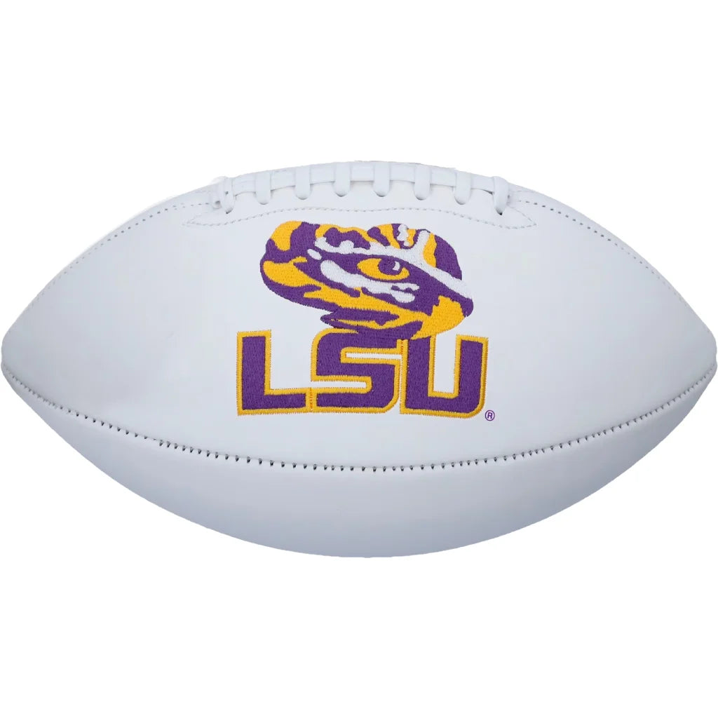 White leather LSU Tigers football with embroidered team logo