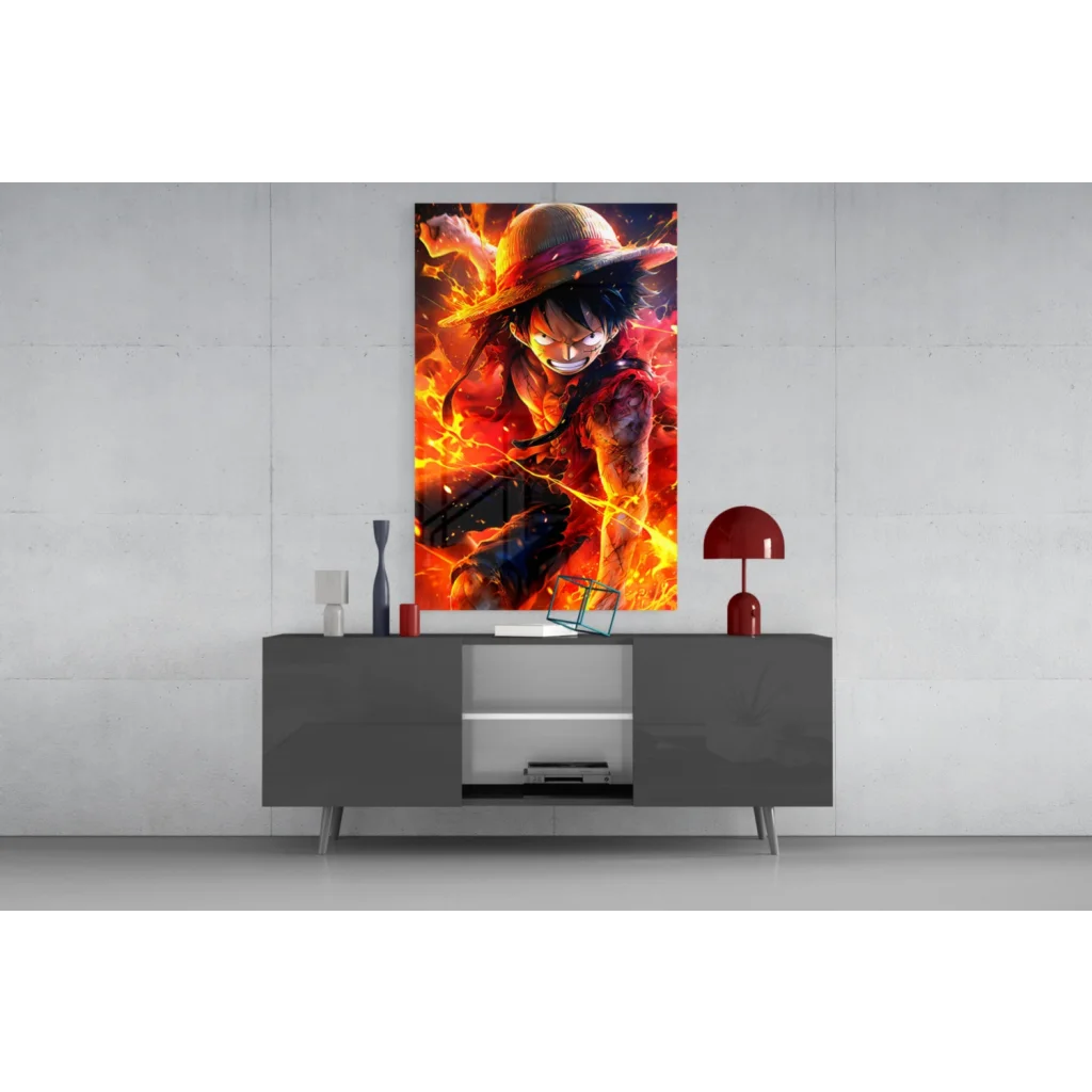 Vibrant Luffy One Piece flame glass wall art anime poster