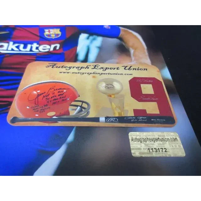 Sports memorabilia display with signed 8x10 photo EUA COA and autographed helmet, baseball, bat