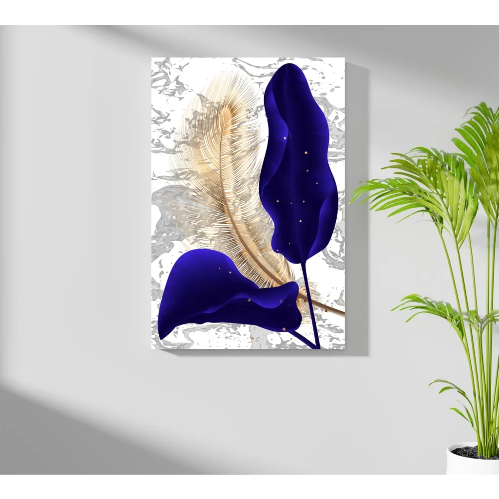Luxe Gold Feather Marble Aluminum Wall Art Print with blue feathers and gold accents