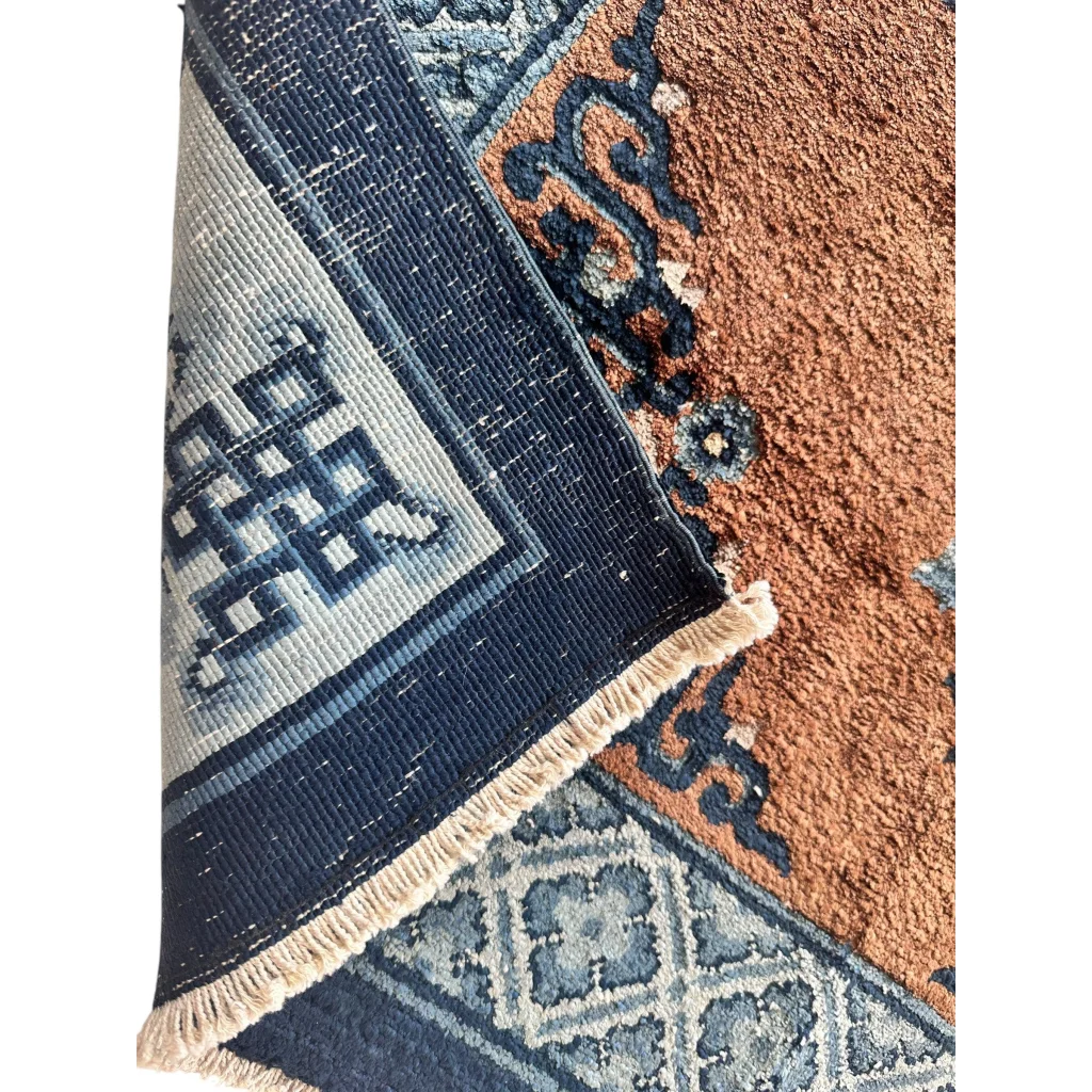Luxurious floral Peking rug in pure silk with navy, rust, and gray patterns