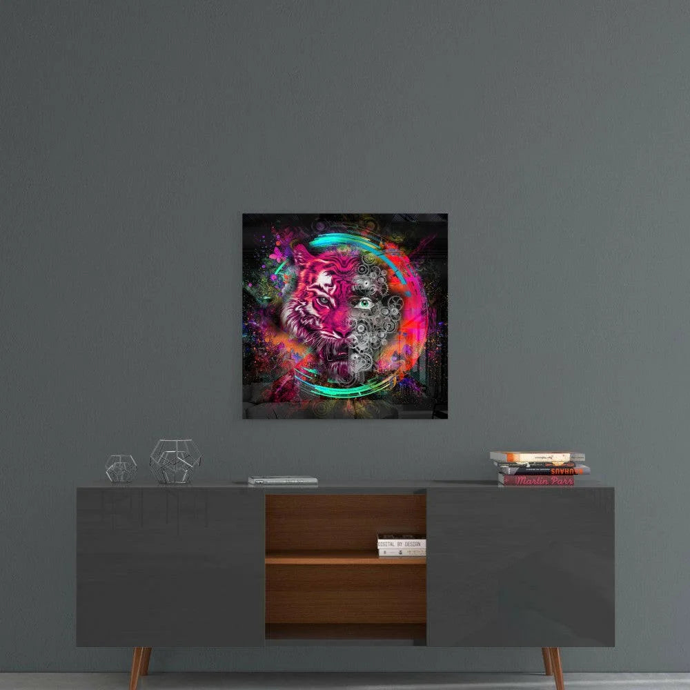 Vibrant neon tiger glass wall art with glowing mechanical gears