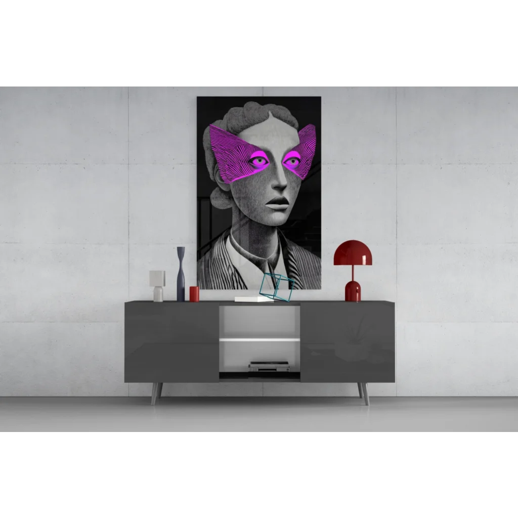 Striking black-and-white woman portrait canvas wall art with purple wing eye coverings