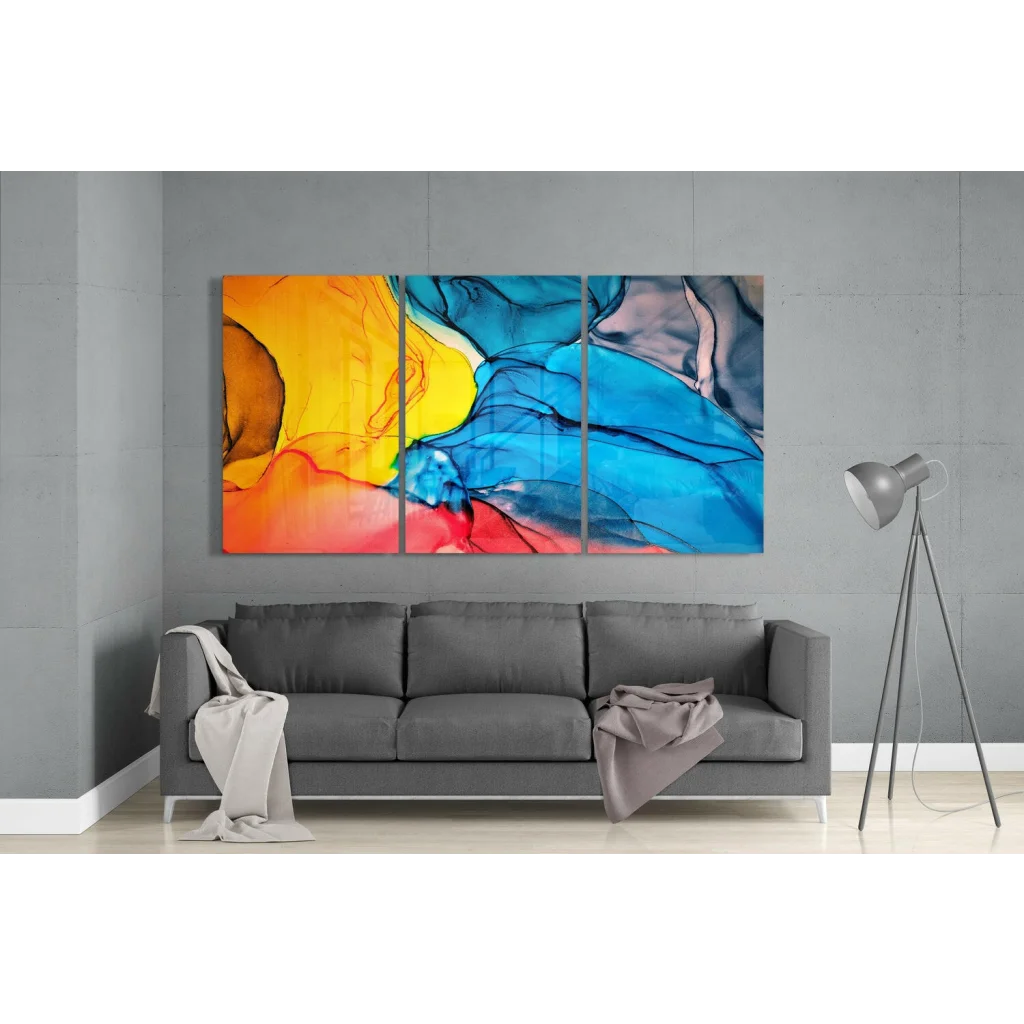 Vibrant Swirling Color Burst glass wall art triptych with colorful gradients