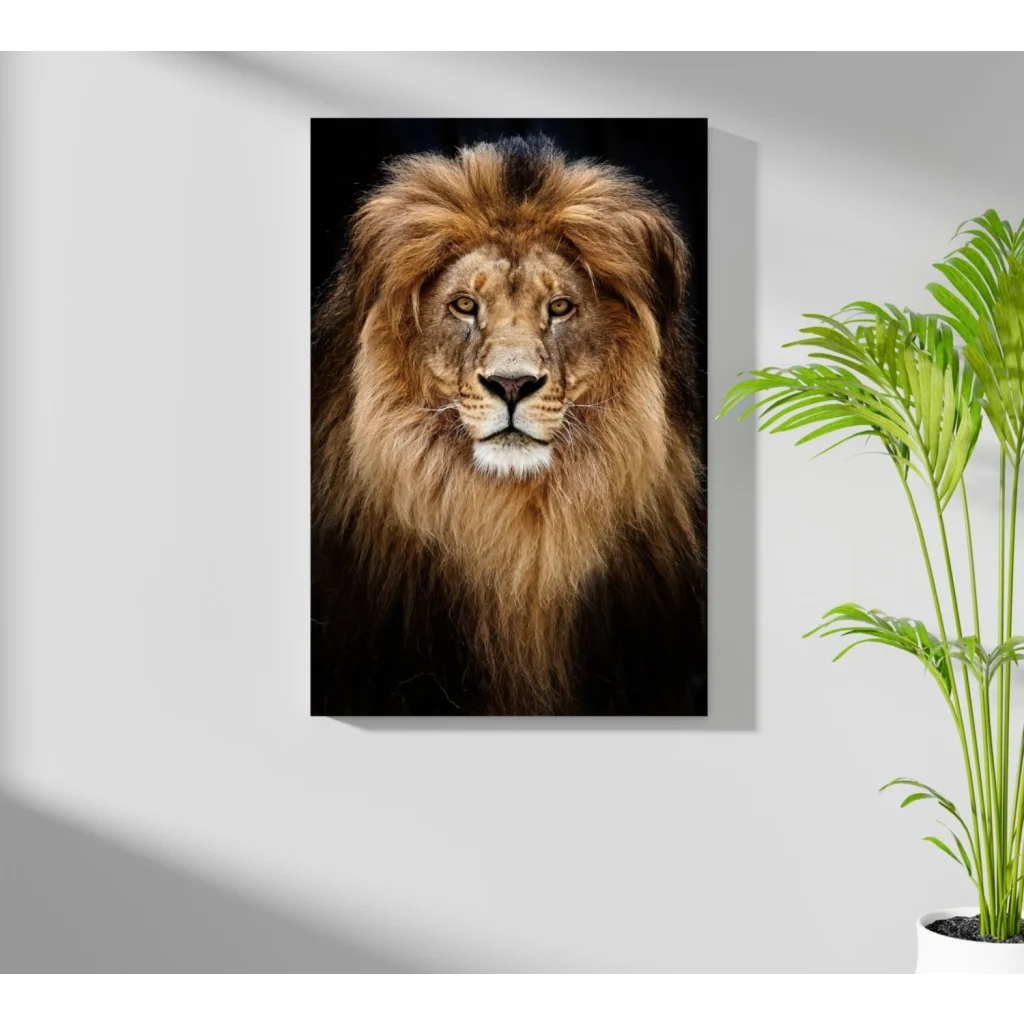 Majestic golden mane lion portrait on aluminum canvas wall art print