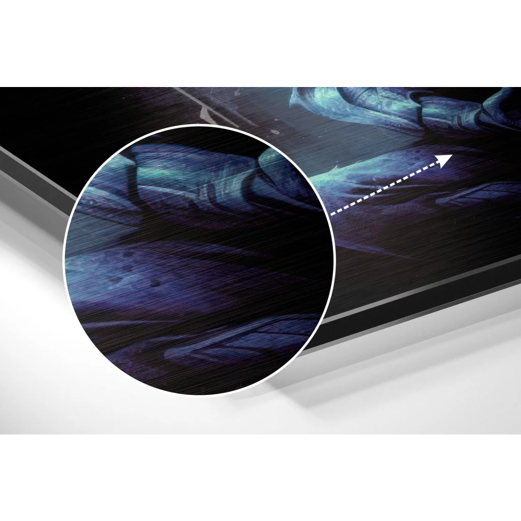 Sleek monitor showing brushed aluminium dibond art print with vivid abstract blue design