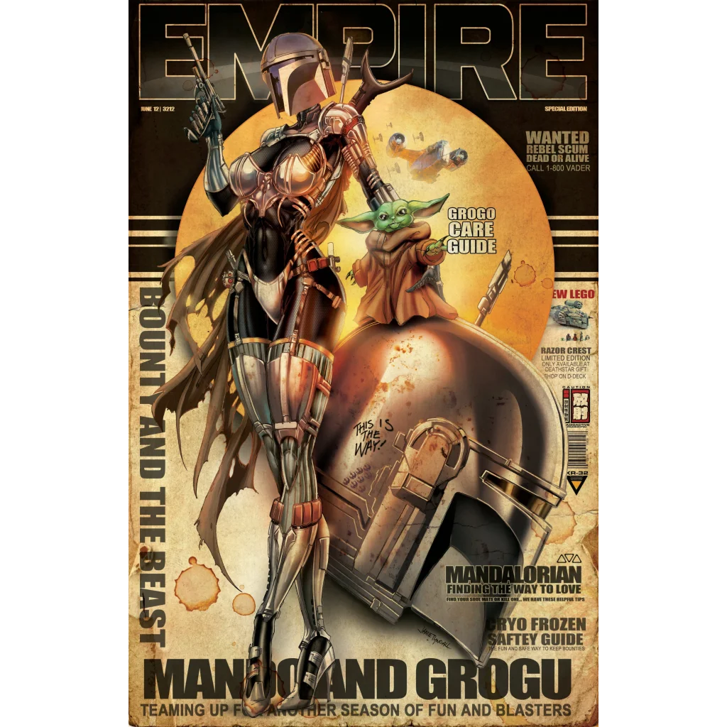 Brushed aluminum print of Empire magazine cover with The Mandalorian and Grogu