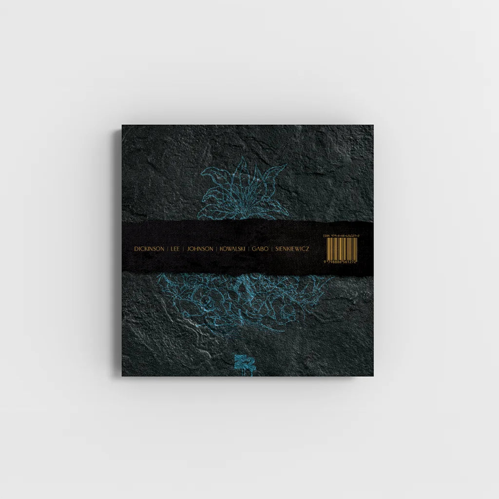 Dark textured album cover with blue floral designs and gold barcode for Mandrake Project Bruce Dickinson collection