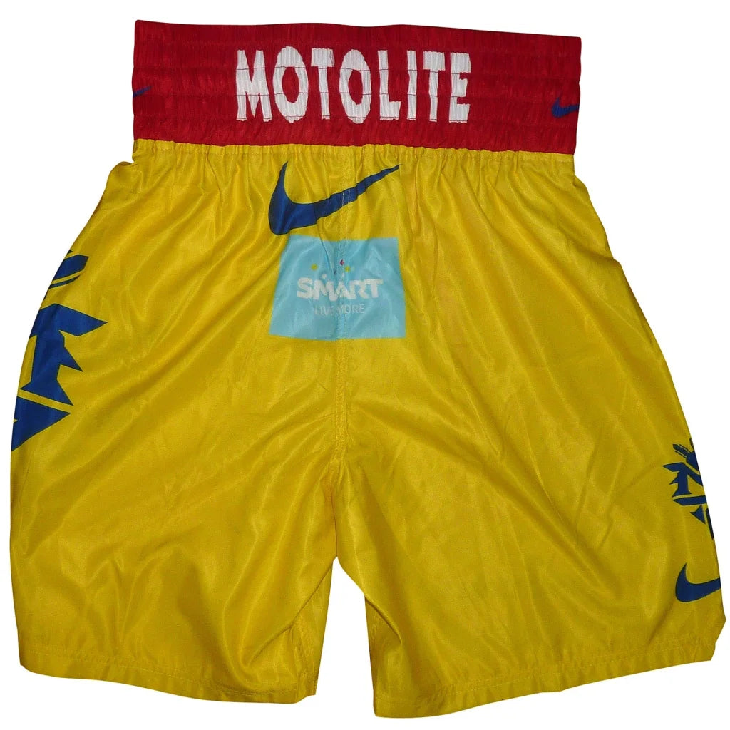 Manny Pacquiao autographed Philippines yellow boxing trunks with Nike swoosh