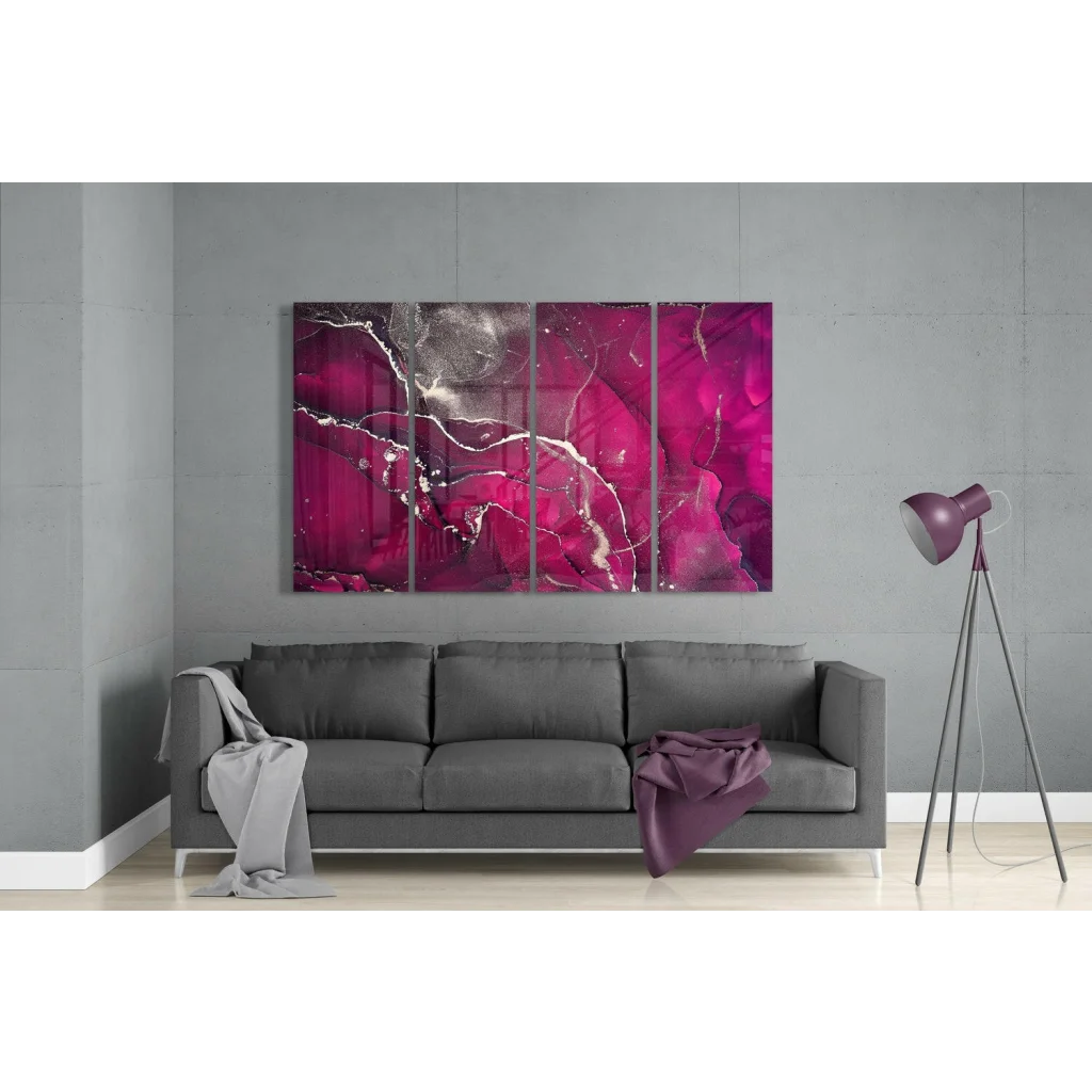 Vibrant magenta and silver glass wall art triptych with flowing marble patterns