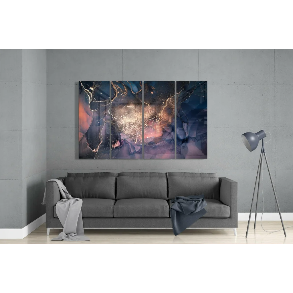 Cosmic swirl wall art triptych in deep blue, purple, gold hues