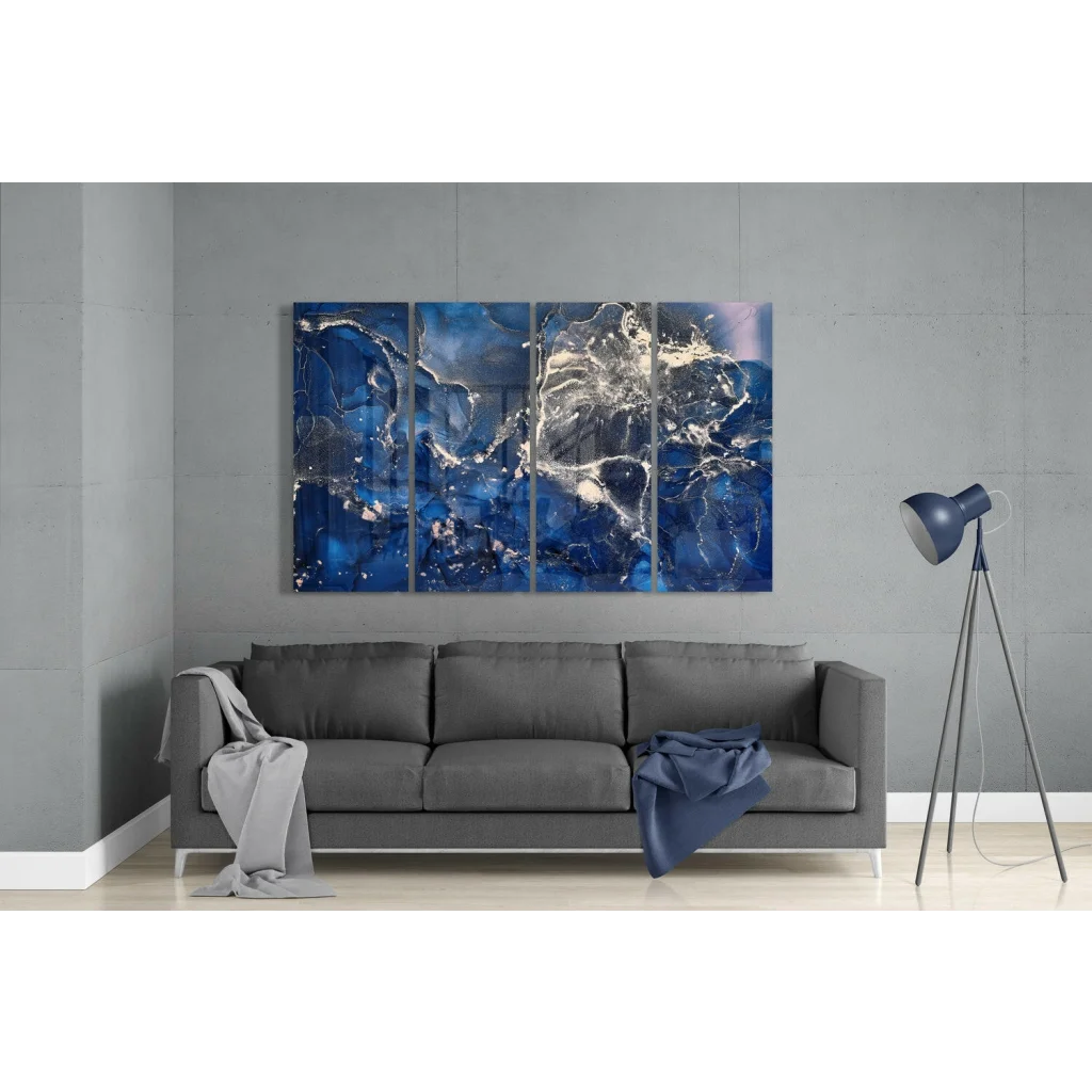 Stunning Blue Abstract Glass Wall Art Four Panel Set | Modern Wall Art Decor | vintageantiquesgifts.com