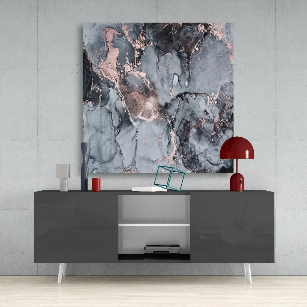 Modern abstract rose gold marble glass wall art panel with swirling grays