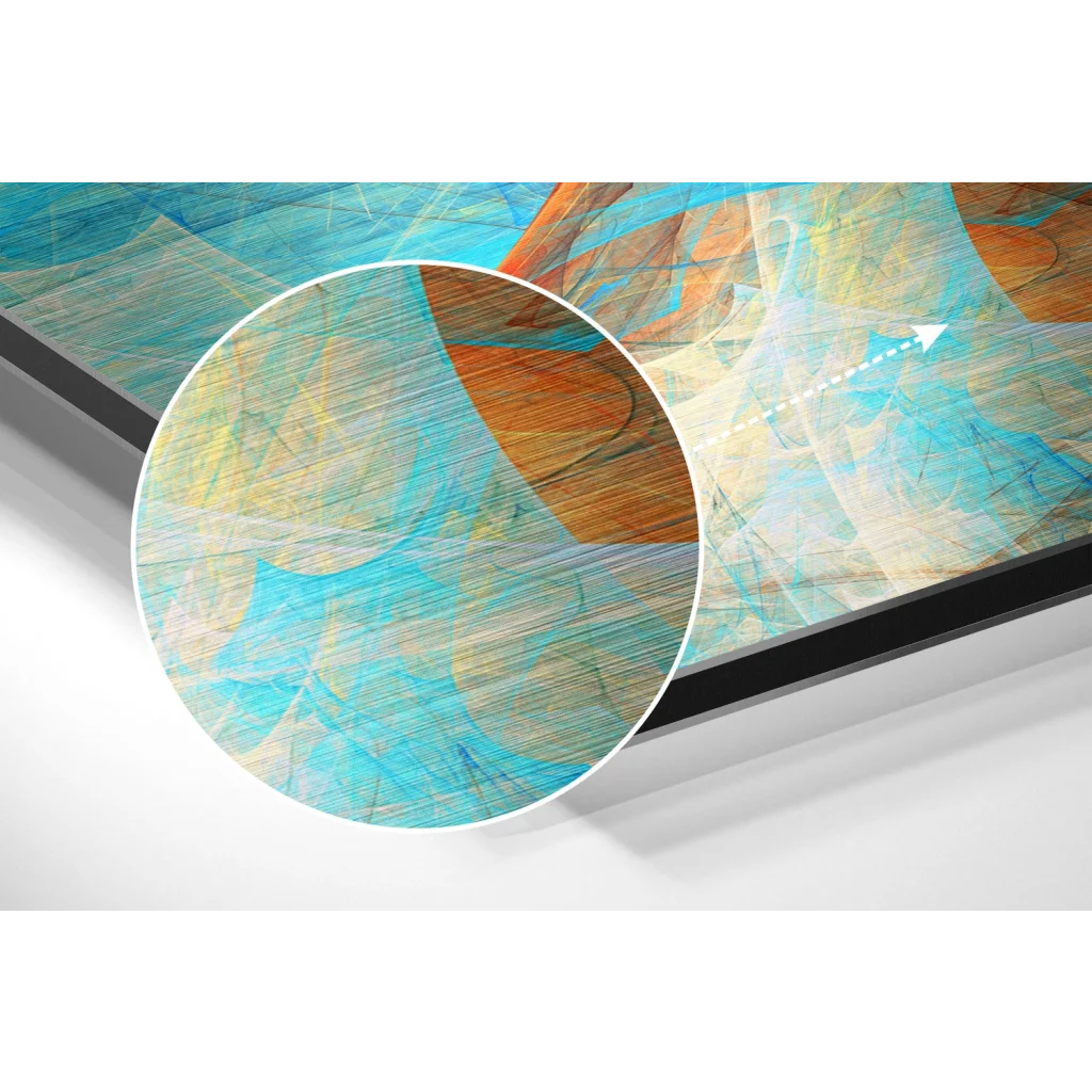 Abstract teal orange cream swirled patterns on brushed aluminium dibond wall art