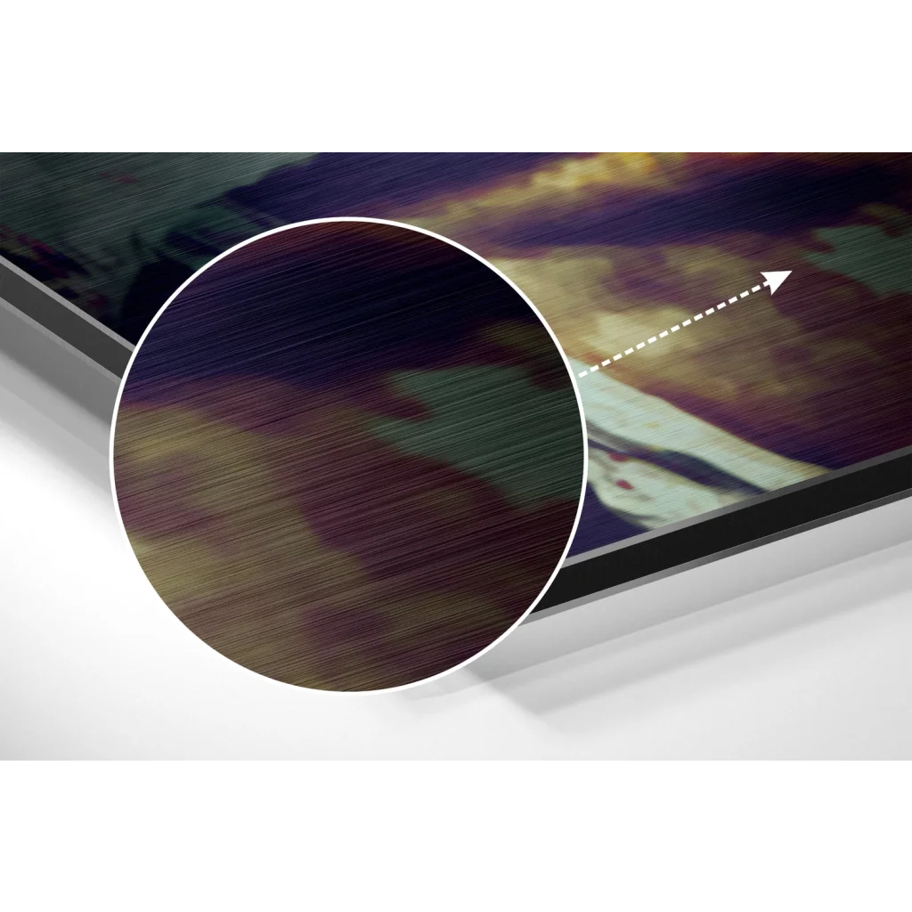 Abstract brushed aluminium dibond wall art with swirling purple, gold, teal gradients