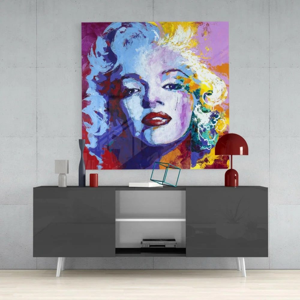 Vibrant Marilyn Monroe pop art on bold colored glass wall art