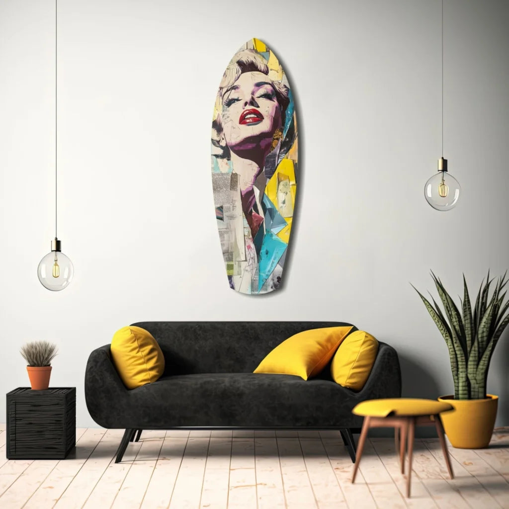 Vibrant pop-art Marilyn Monroe on surfboard tempered glass art