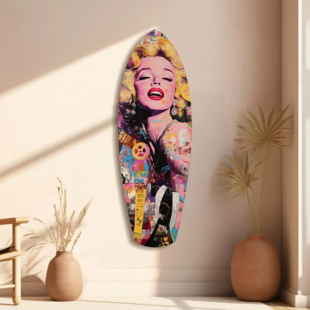 Vibrant Marilyn Monroe tempered glass art surfboard pop decor in pink yellow hues