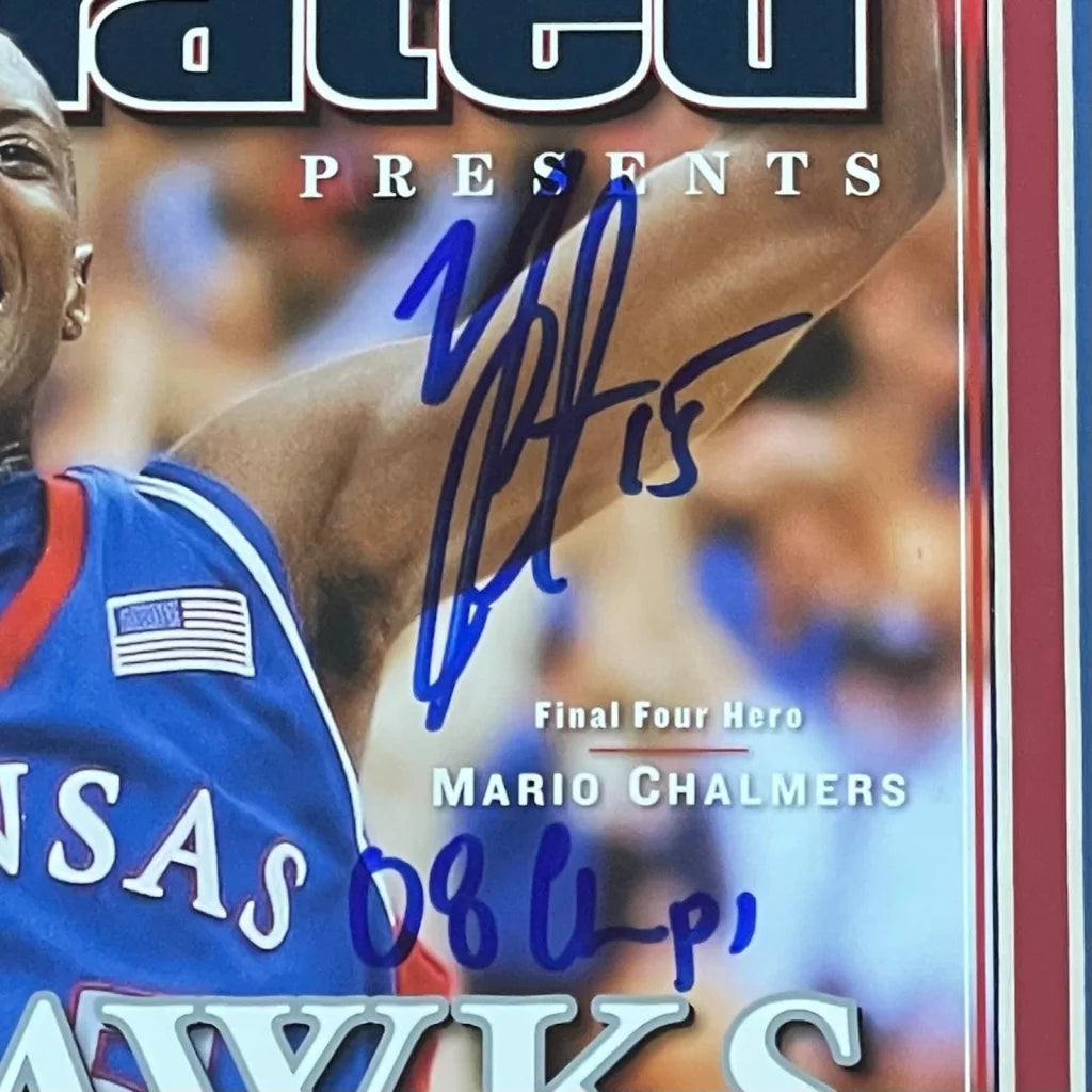Mario Chalmers autographed Kansas Jayhawks deluxe framed commemorative Sports Illustrated jersey with flag patch
