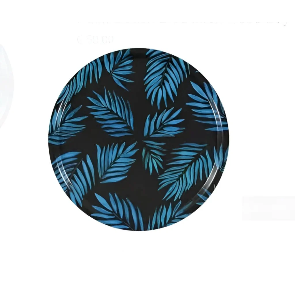 Round black Mariska Meijers Palm Beach Blue luxury serving tray with palm leaf pattern