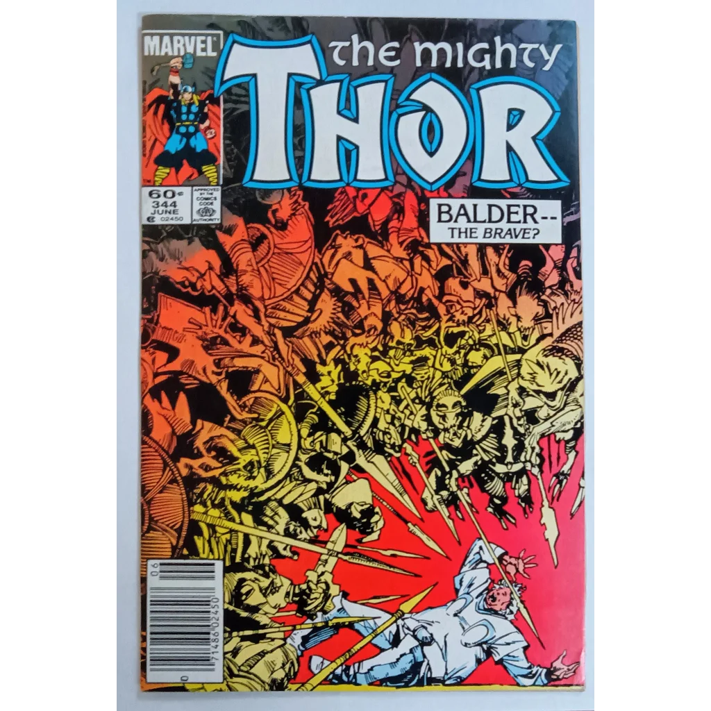 Thor in dynamic action pose on Mighty Thor Issue 344 Marvel Comics cover