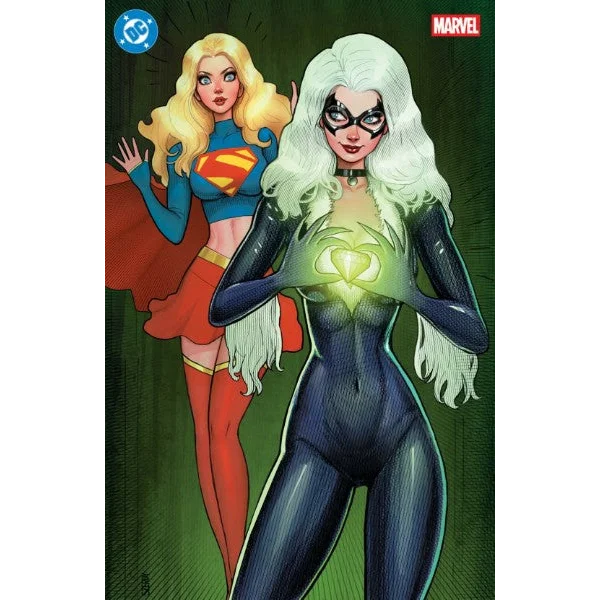 Marvel DC Superman Spider Man foil card #1 featuring black cat in sleek black and white catsuit with glowing green emblem by Nathan Szerdy
