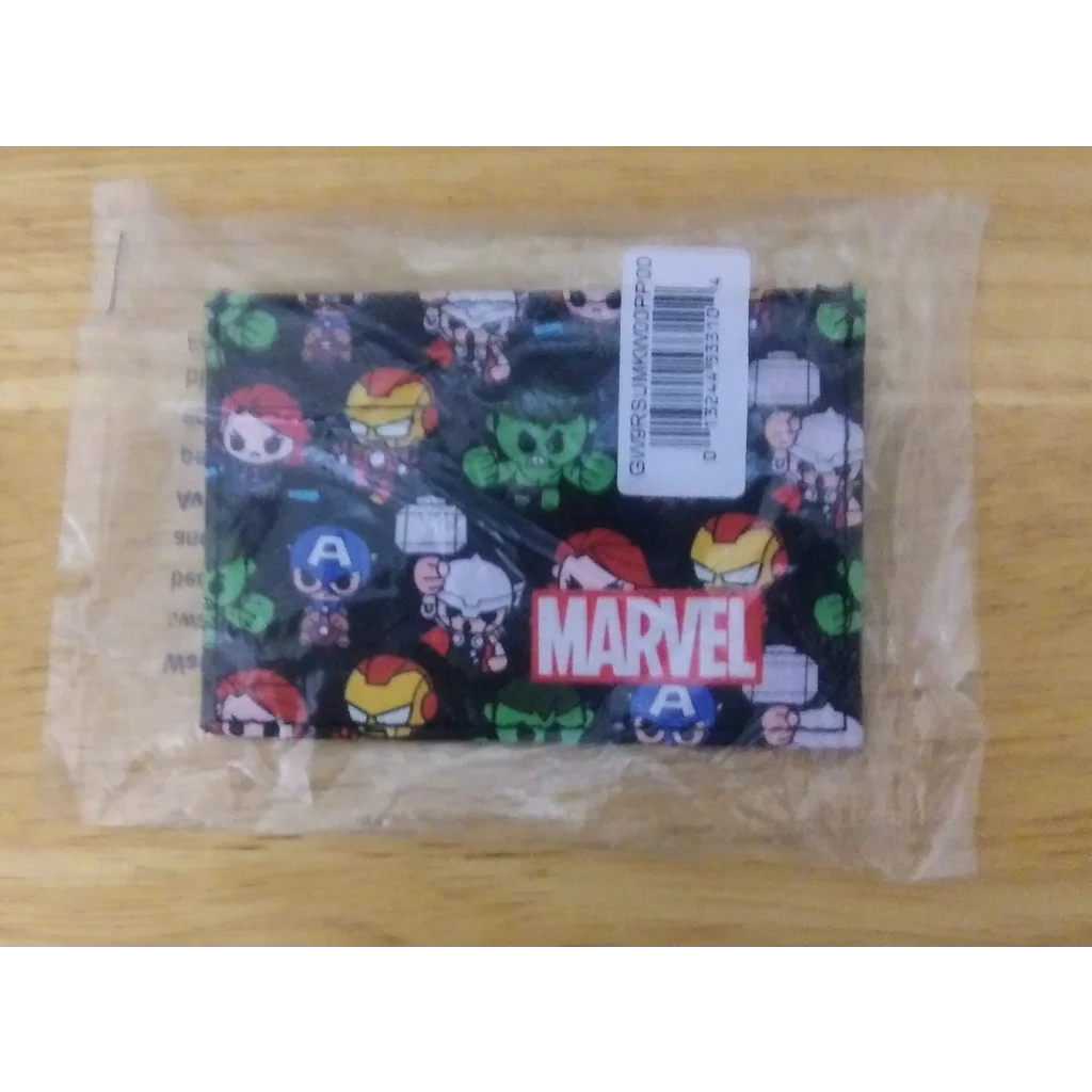 Marvel Funko mini wallet with cartoon heroes on black background