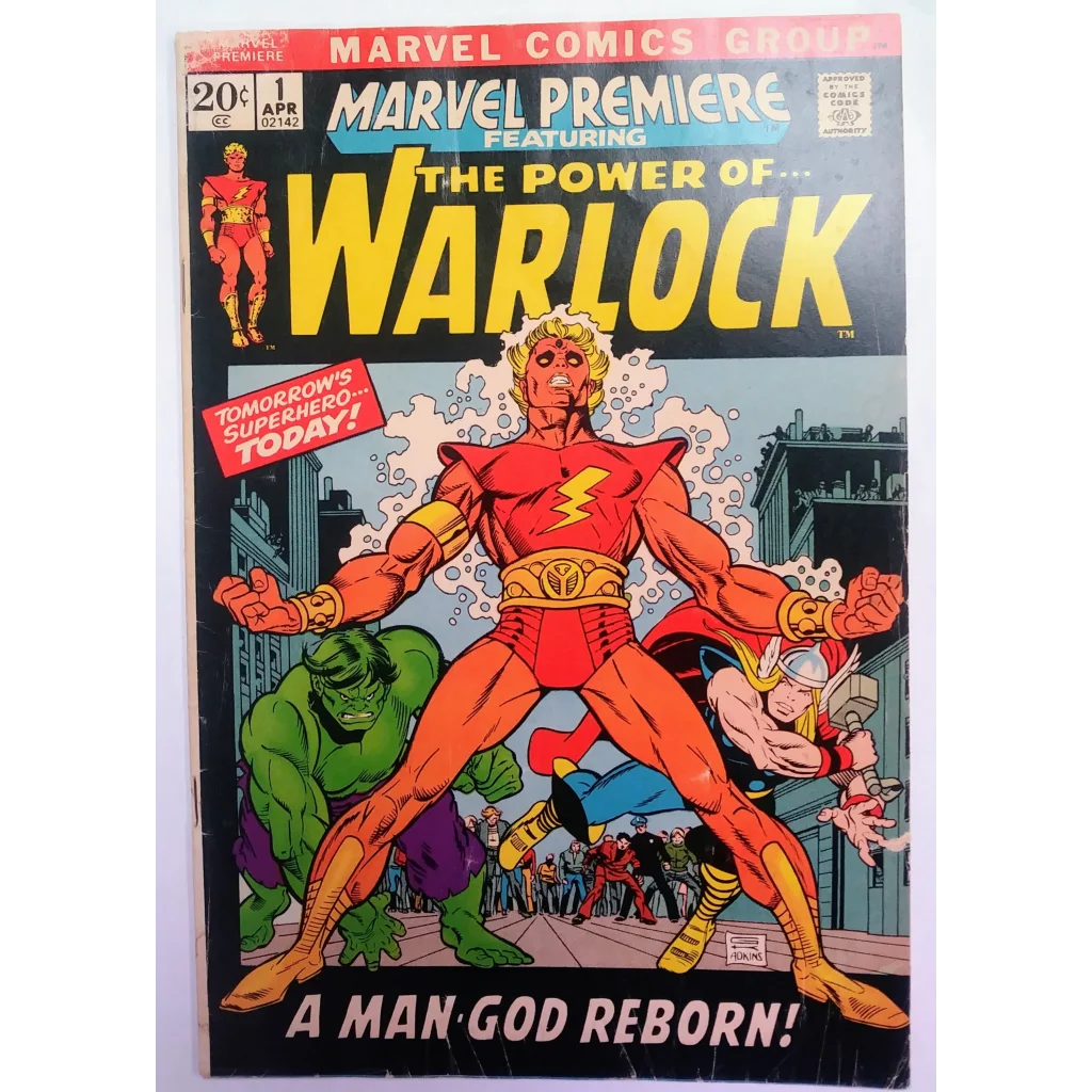 Warlock in vibrant red yellow costume with lightning bolt, Marvel Premiere #1 origin, cityscape