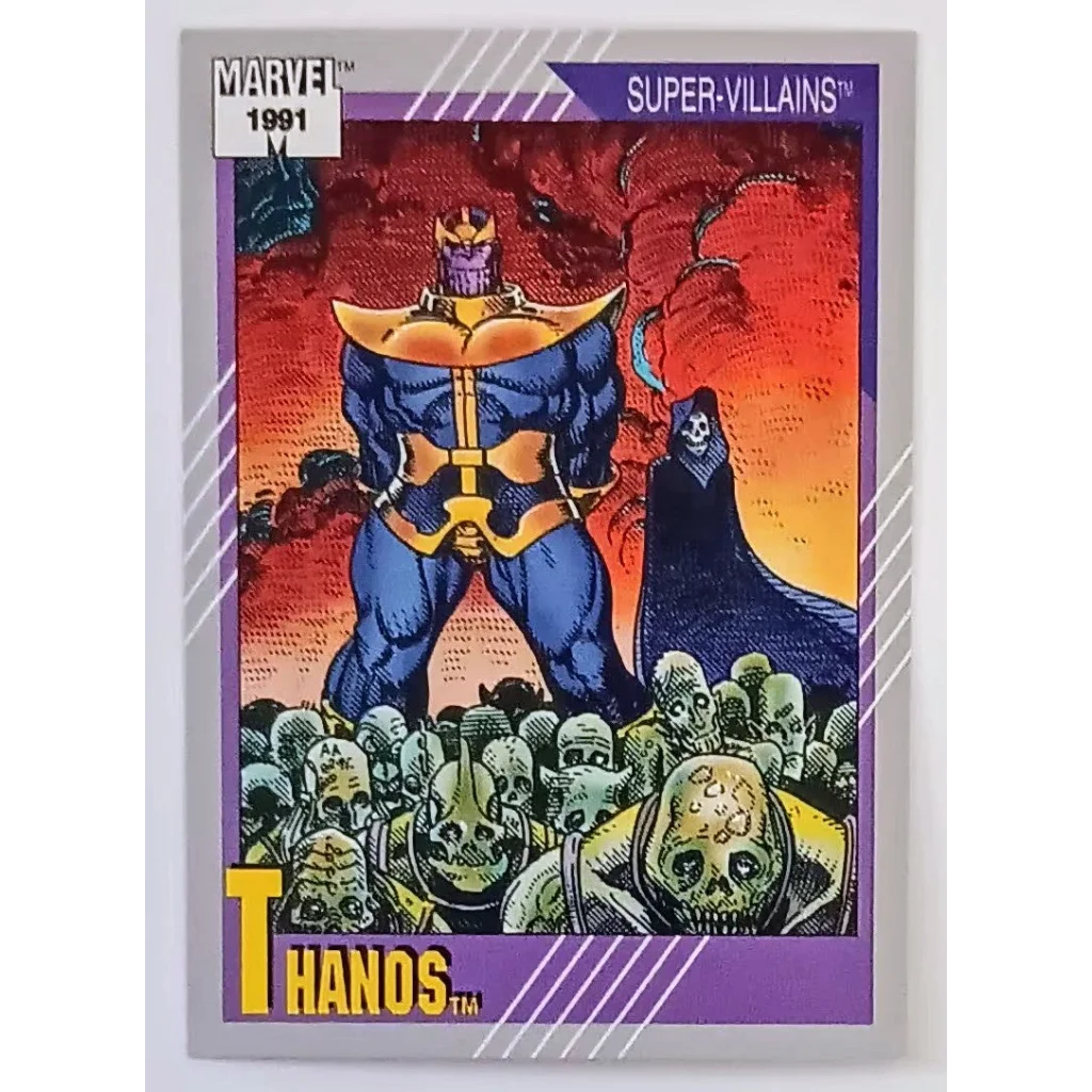 Blue and gold Thanos Marvel Universe Card 1991 action figure on purple background