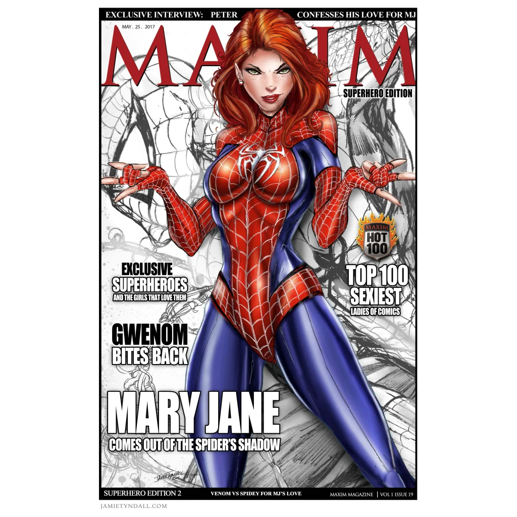 Mary Jane Watson in red blue Spider-Man suit on brushed aluminum wall art