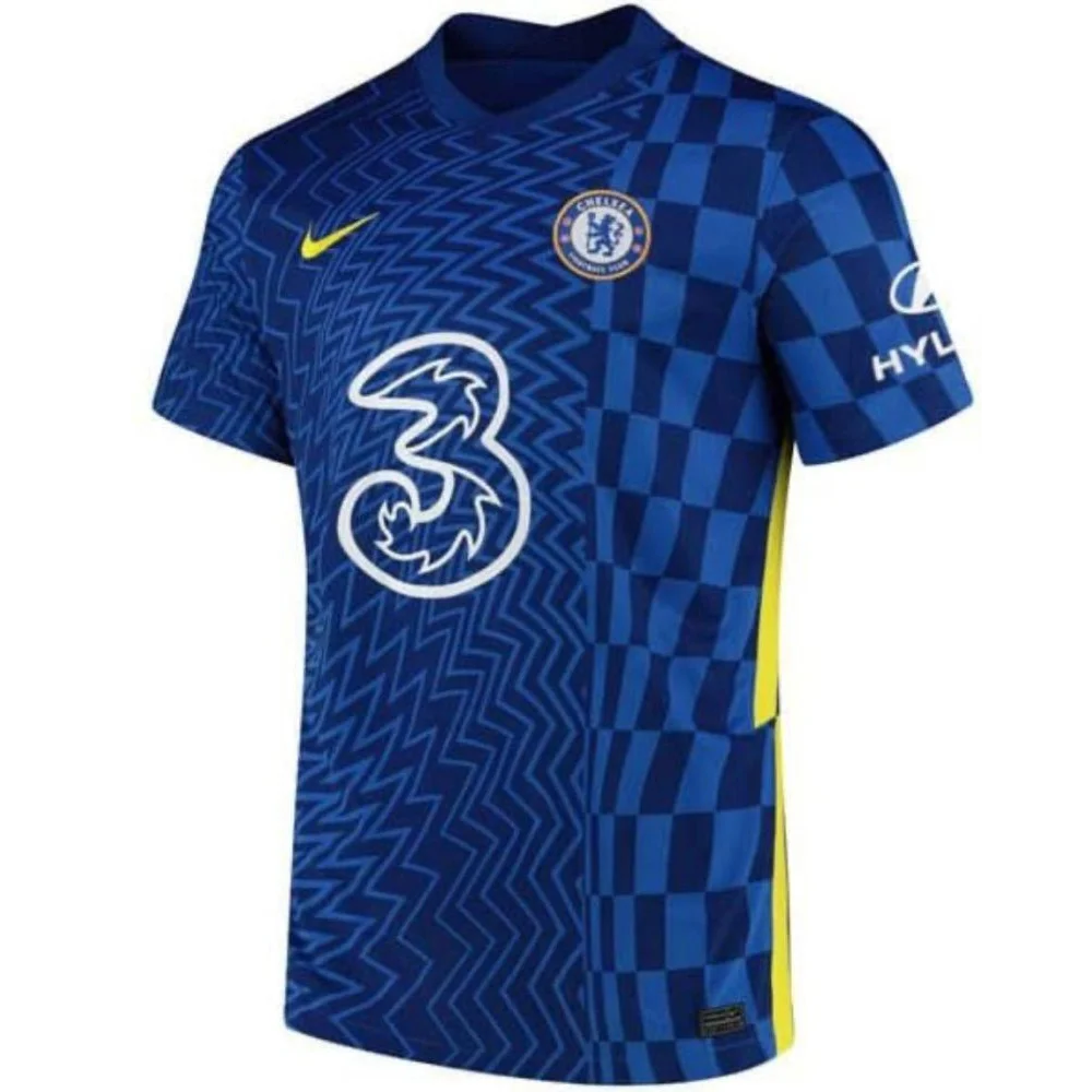 Blue Mason Mount signed Chelsea Football Club jersey with zig-zag and checkered patterns
