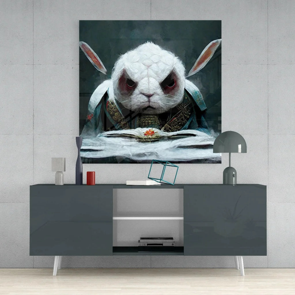 Stunning glass wall art of armored white rabbit with red eyes