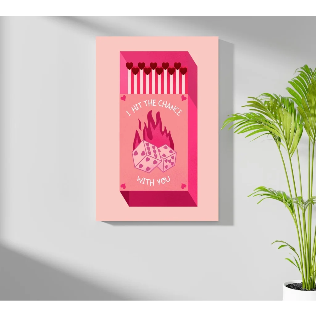 Pink matchbox insigne aluminum print with dice flames and i hit the chance with you text