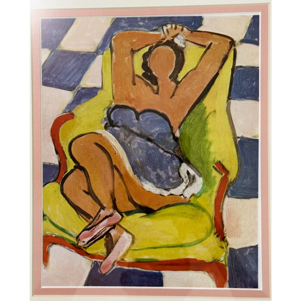 Yellow and green reclining chair on checkered floor in Matisse Blue Tile Dancer art print