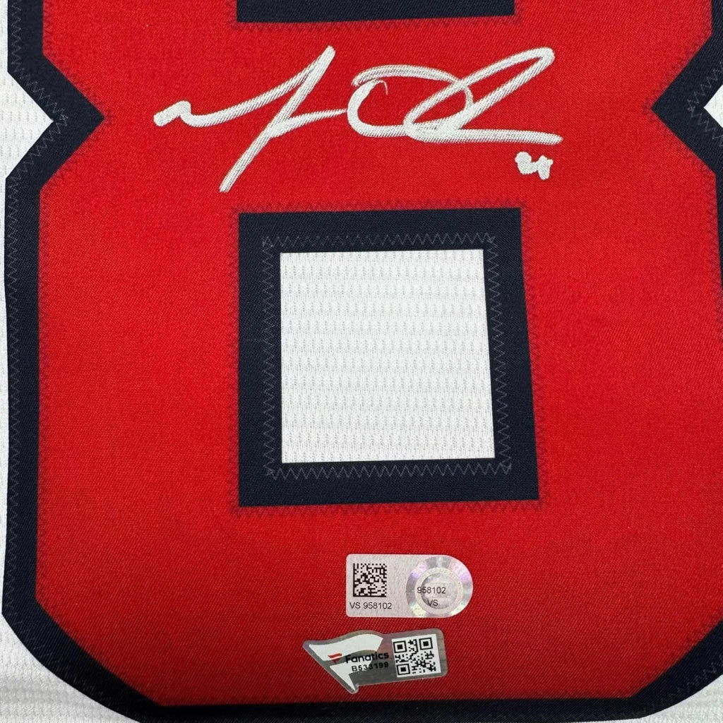 Matt Olson signed red and white jersey with black accents, wall-ready display