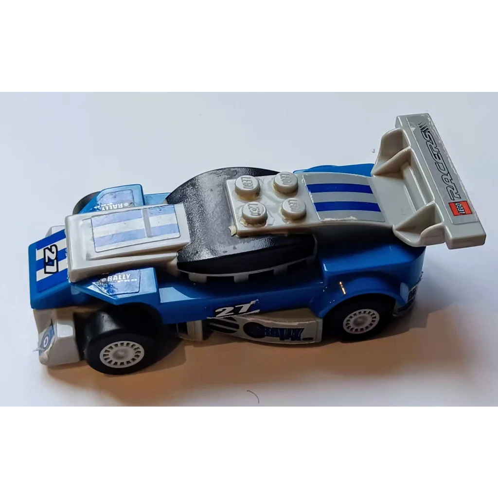 Blue Lego Sport Racer happy meal toy with white stripes and decals