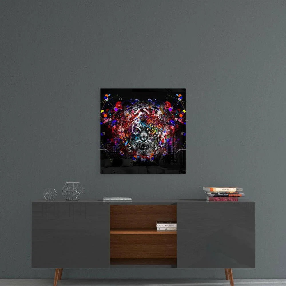 Vibrant neon tiger glass wall art with geometric patterns
