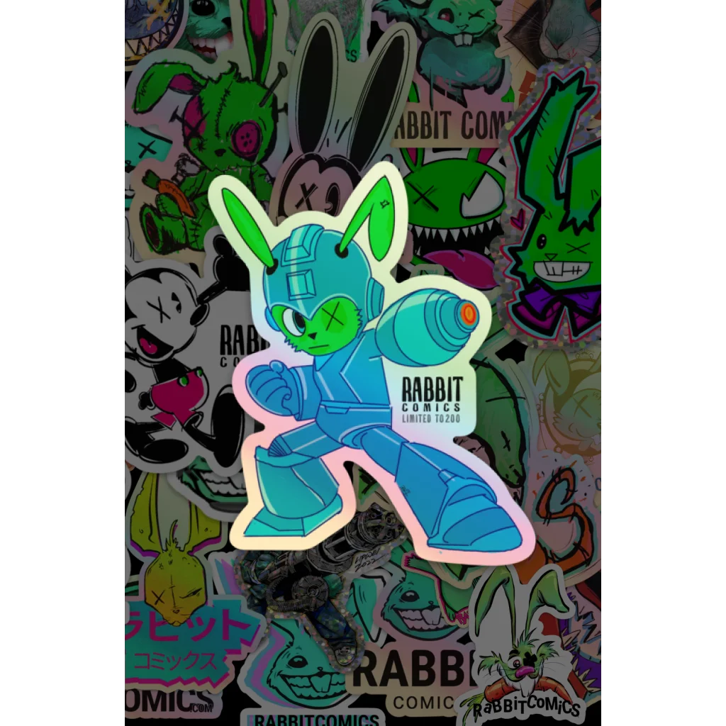 Futuristic blue and green Mega Man robot rabbit sticker by Huy Dinh