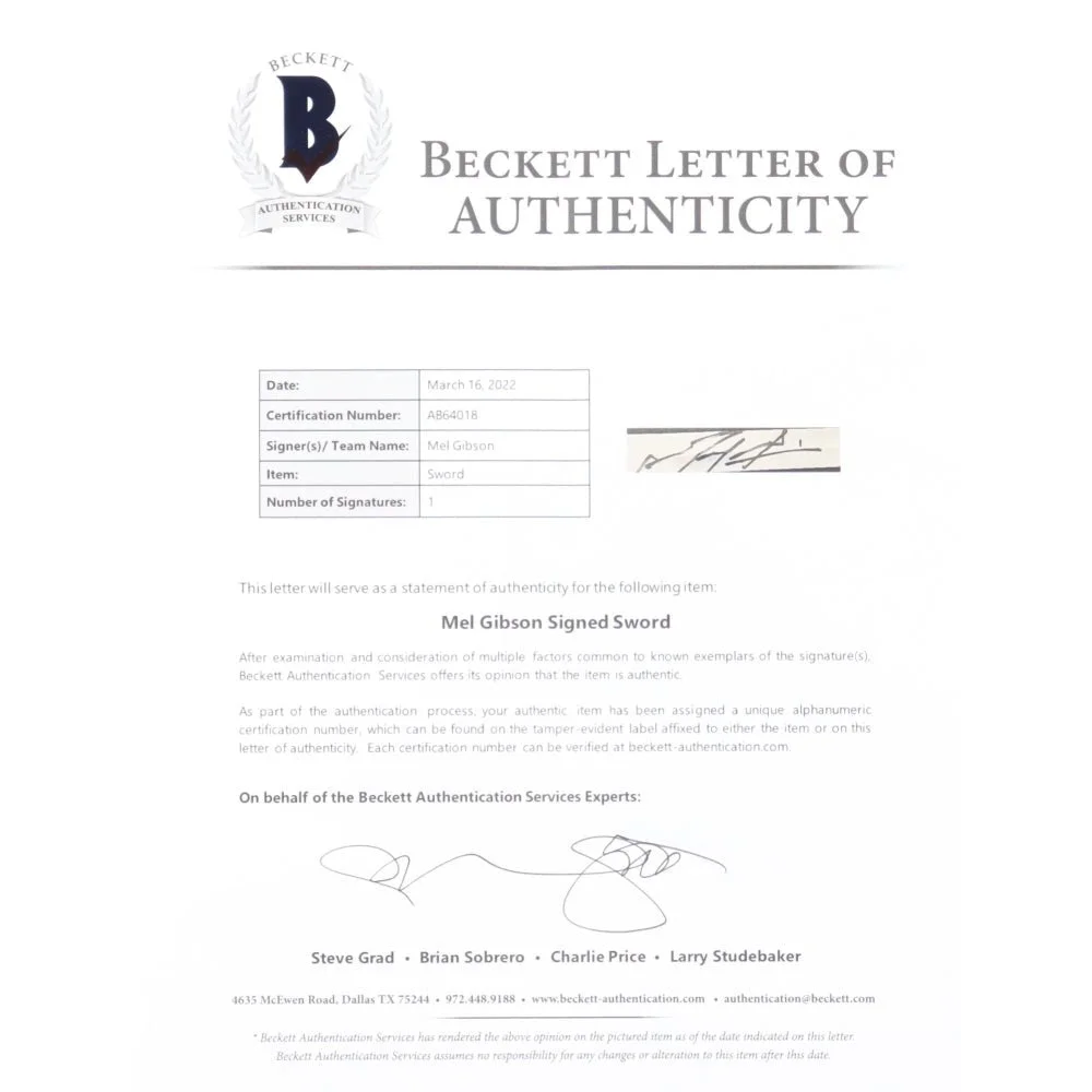 Beckett Letter of Authenticity for Mel Gibson signed Braveheart prop replica sword
