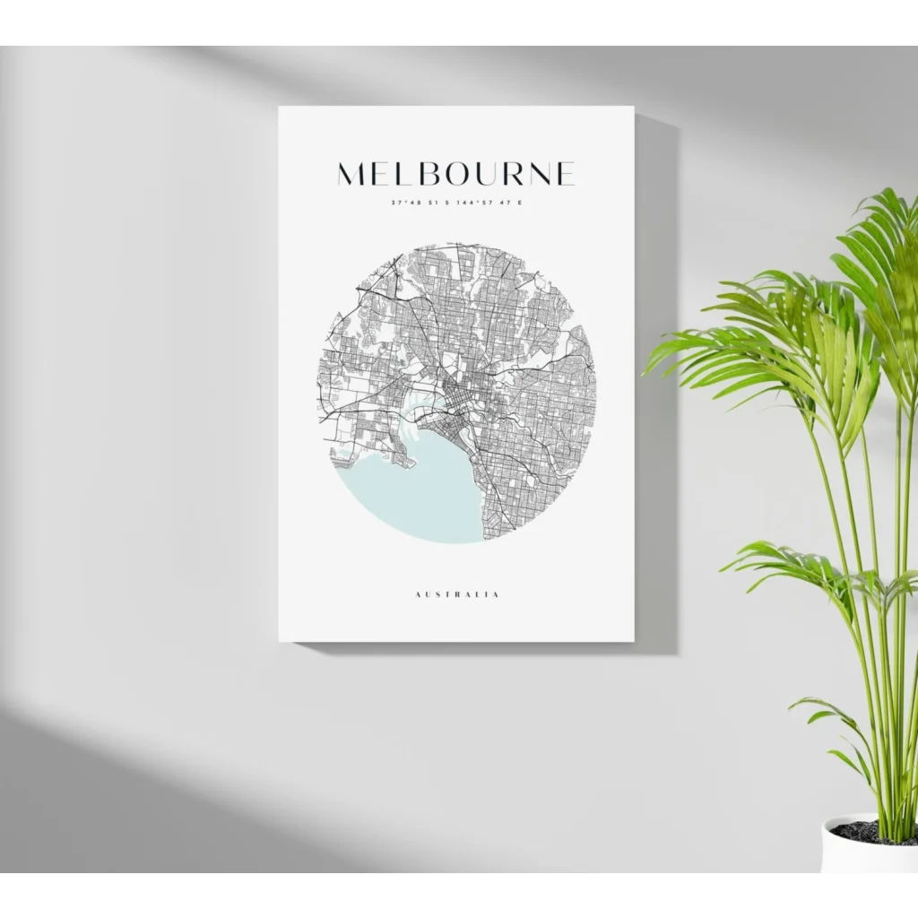 Melbourne city map aluminum print in cool blue tones