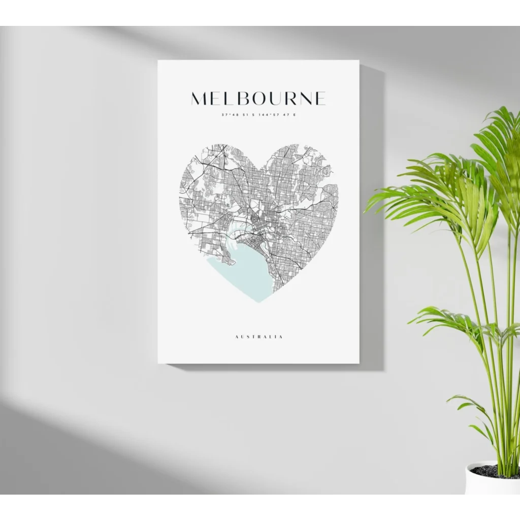 Heart-shaped Melbourne map on insigne aluminum print