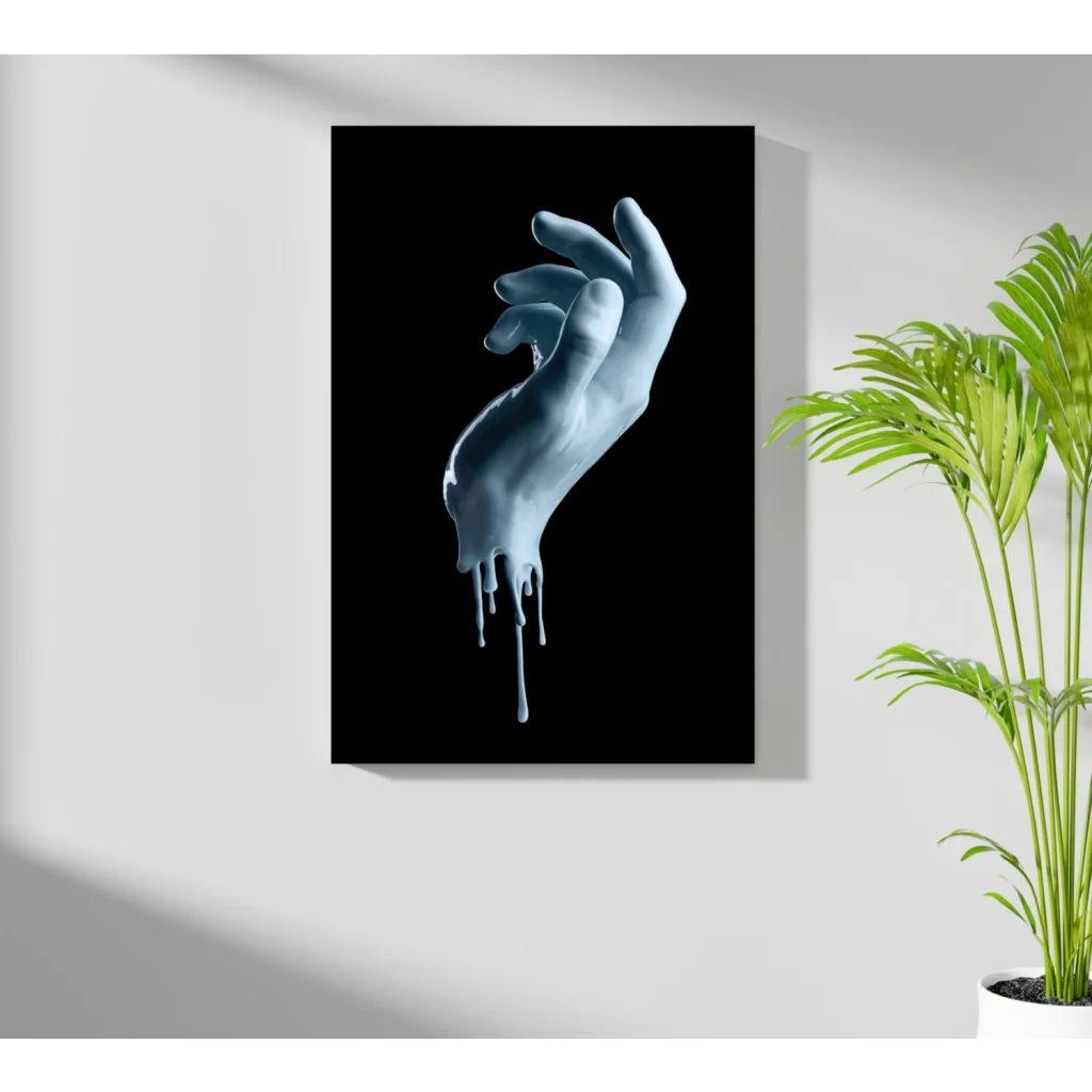 Surreal melting blue hand aluminum wall art print on black background