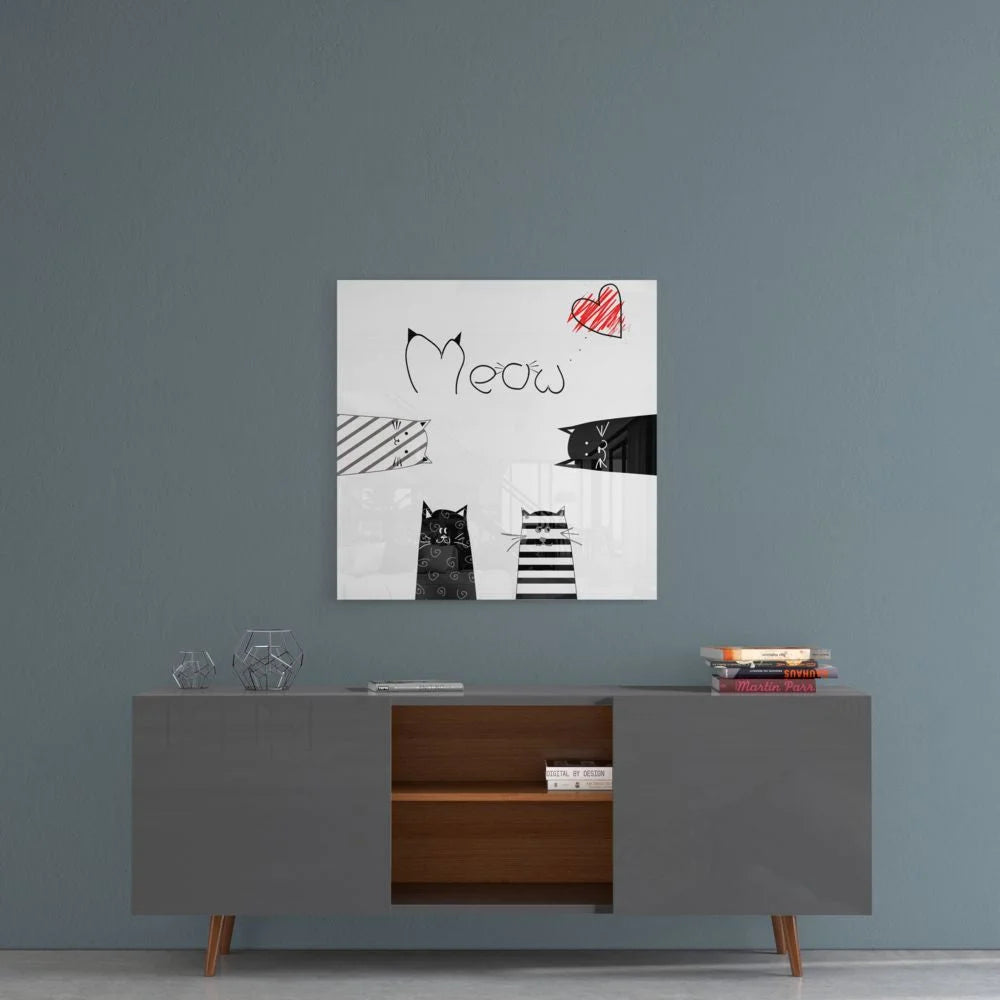 Black and white cat tempered glass art with size comparison