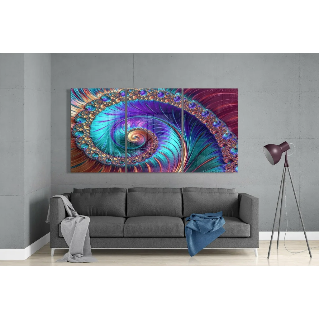 Vibrant multi-colored fractal spiral glass wall art with metallic accents