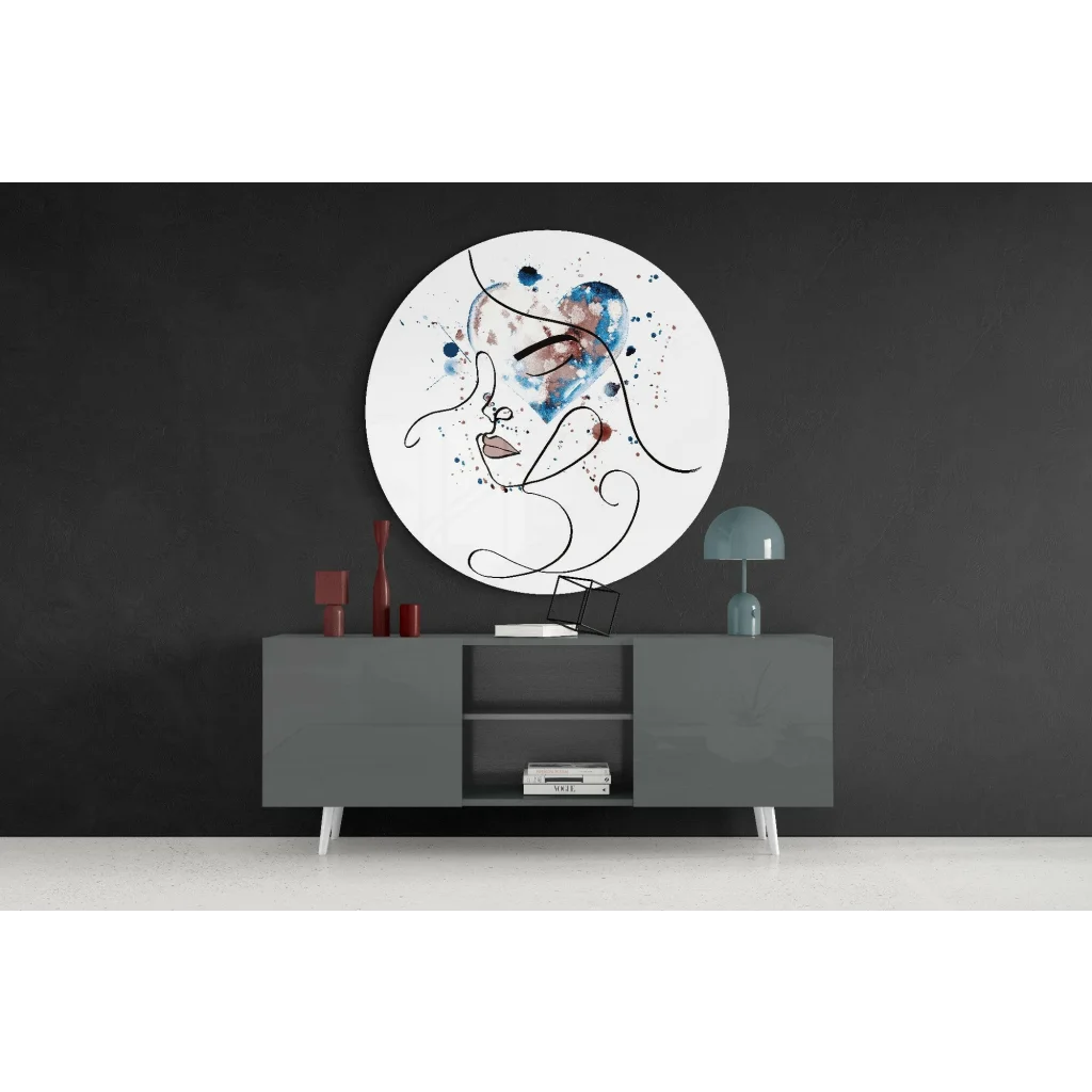 Modern tempered glass art clock with woman’s profile and blue watercolor splash