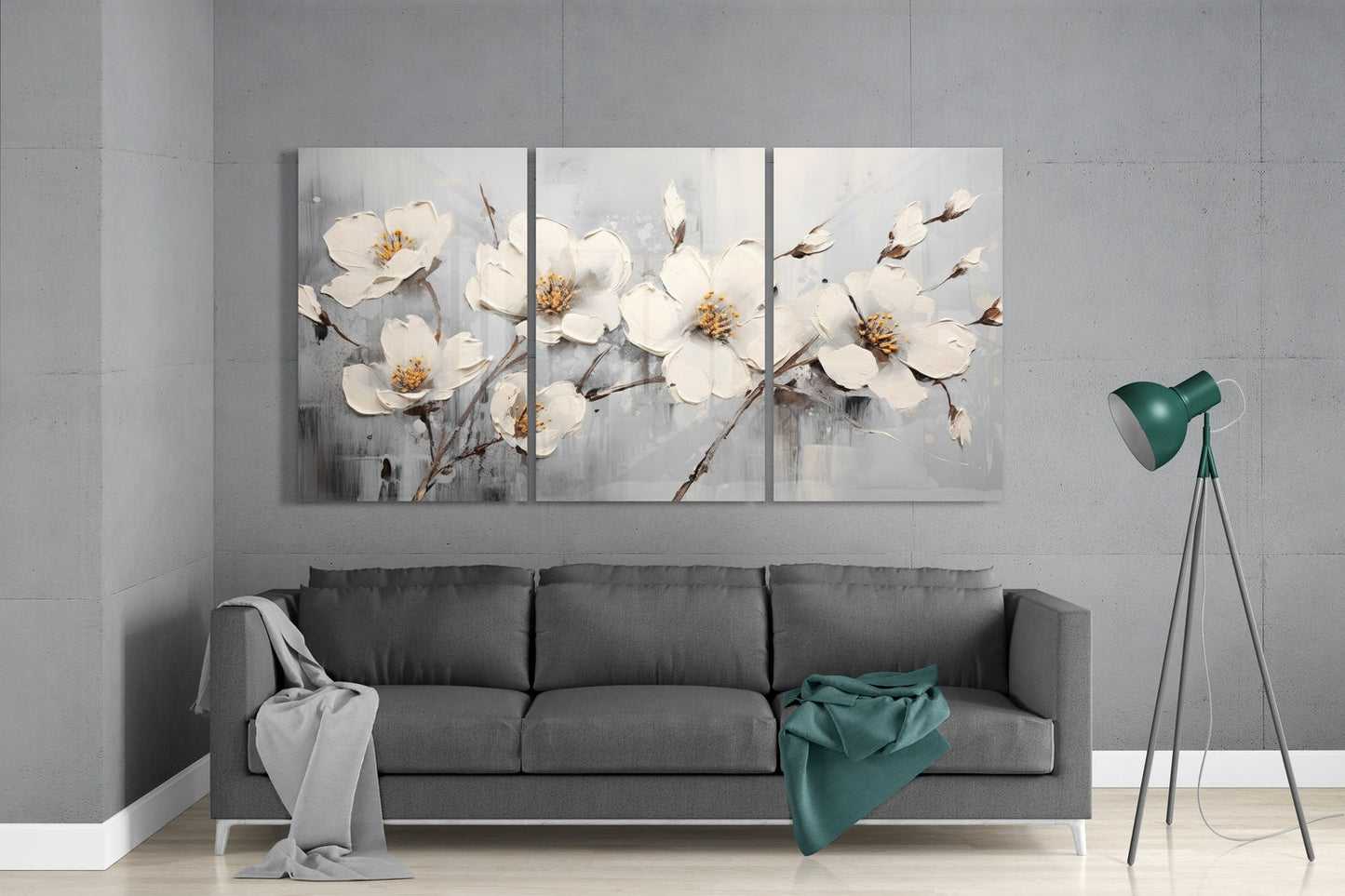 Three Panel Gray Impasto White Blossoms Glass Wall Art