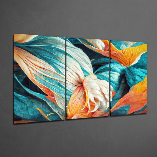 Three-panel glass wall art displaying abstract teal and orange flower petals mounted on gray wall at angle.