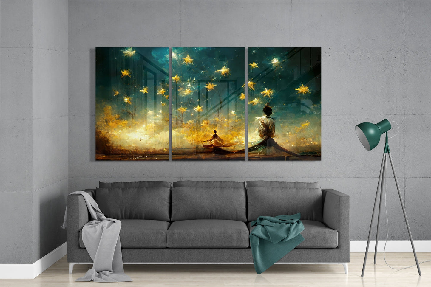 Golden Stars Over Teal Sky Meditation Glass Wall Art