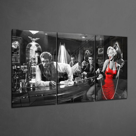 Three-panel black and white glass wall art showing a vintage bar scene with a woman in red dress on the right side, displayed at an angle against gray wall.